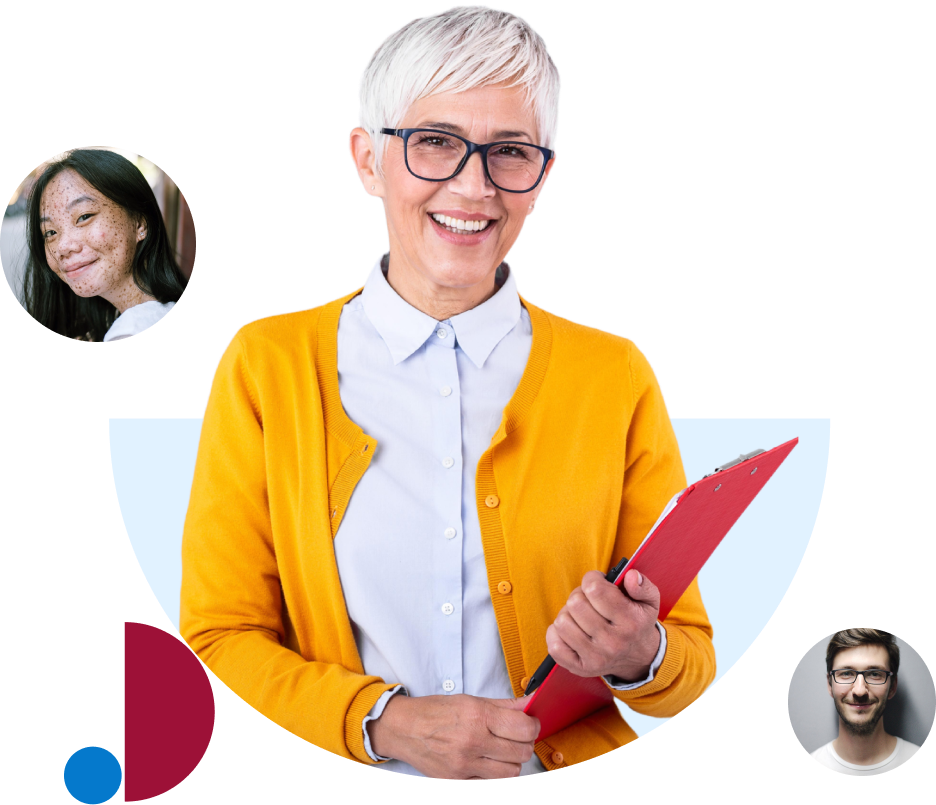 Philanthropi - The Giving Company™; woman in her 50s with a white shirt and yellow cardigan holding a red file folder. around her are images of a woman smiling, a man smiling and abstract graphic design elements